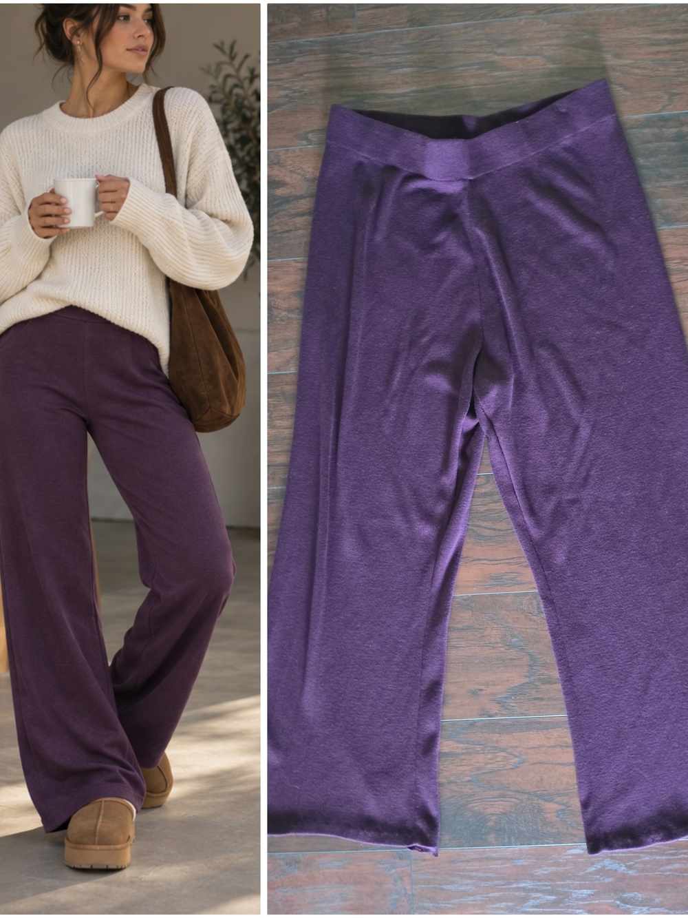 Calvin Klein Wide-Leg Knit Pants in Deep Purple